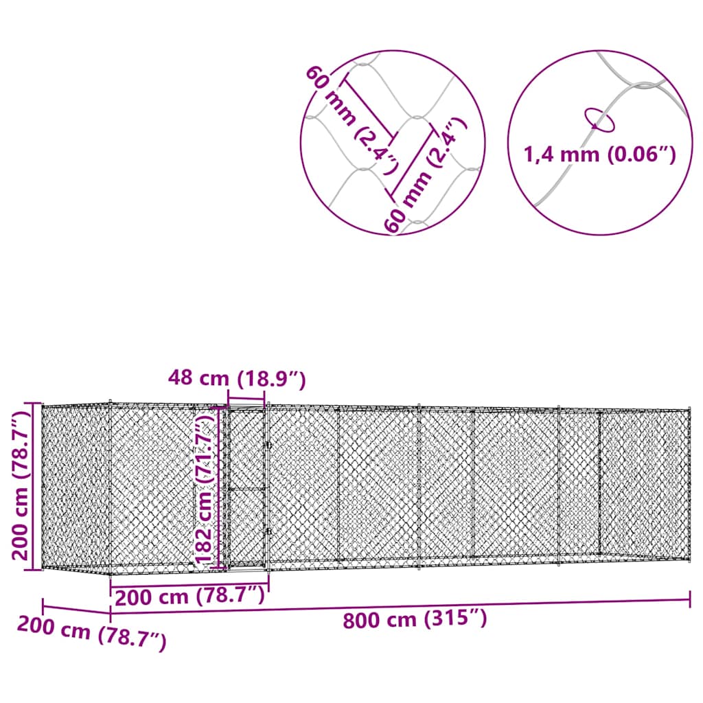 Klec pro psa Stříbrná 800 x 200 x 256 cm Pozinkovaná ocel
