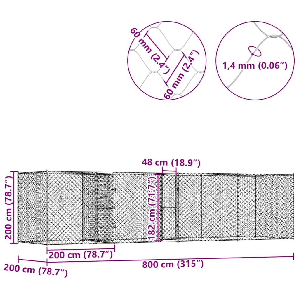 Klec pro psa Stříbrná 800 x 200 x 200 cm Pozinkovaná ocel