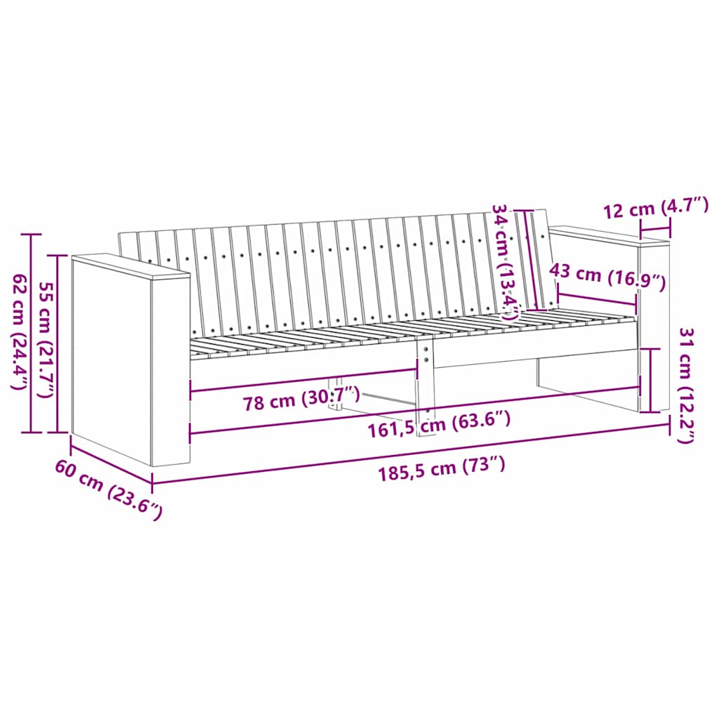Zahradní sofa Bílá 185.5 x 60 x 62 cm Masivní borovicové dřevo