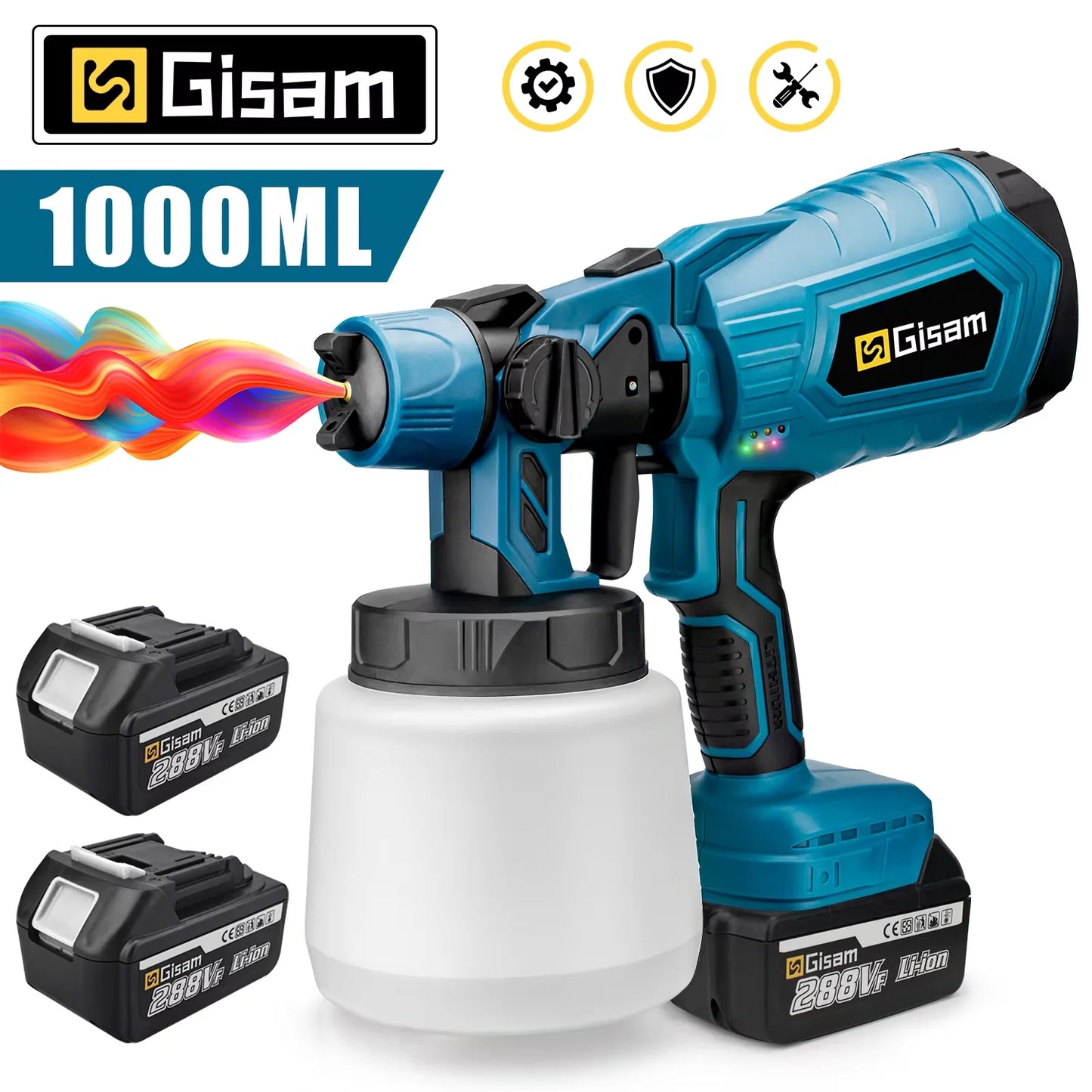 Gisam akumulátorová stříkací pistole 1000 ml 2x baterie 18V, modrá