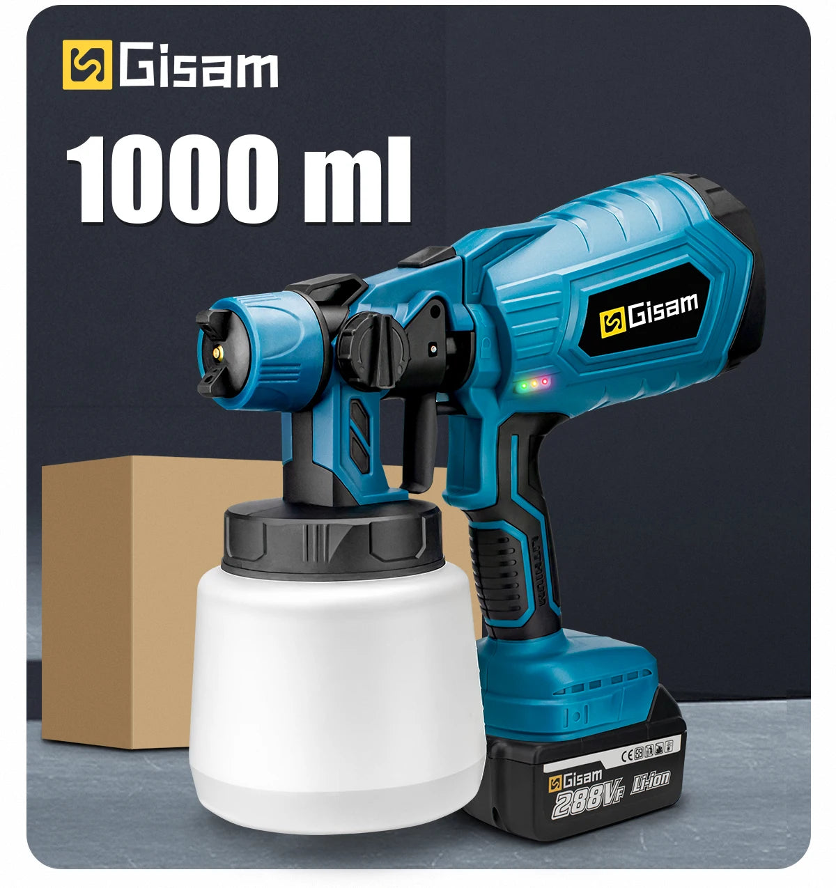Gisam akumulátorová stříkací pistole 1000 ml 2x baterie 18V, modrá